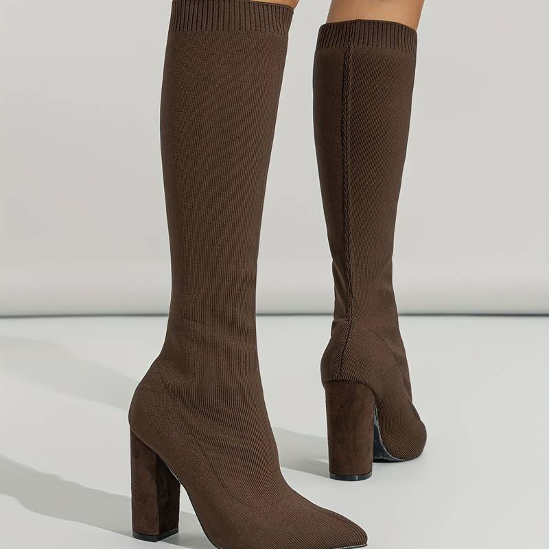 Women’s Stretch Fit Knee High Boots Elegant Pointed Toe with Block Heel