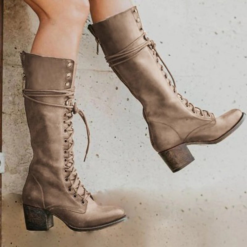 Women’s Lace-Up Knee High Boots Stylish Chunky Heel Design