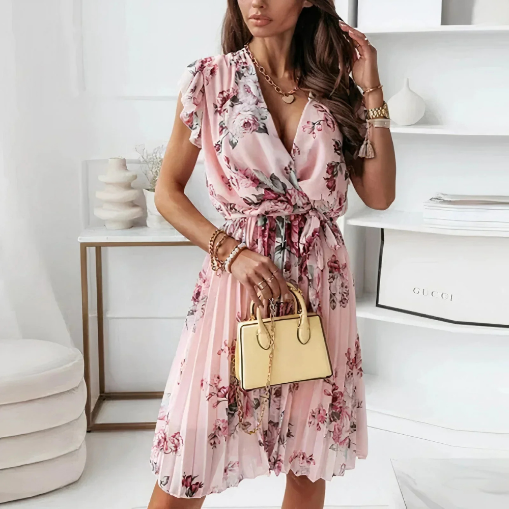 Elegantes Blumenwickelkleid für Damen – Leichtes Sommerkleid für Hochzeitsgäste, knielanges festliches Kleid