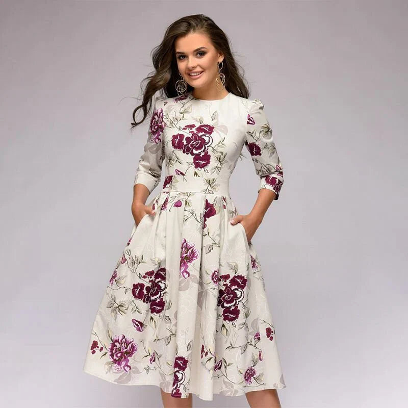 Variant image for Blumendruck Midi Kleid mit Weitem Rock für Sommer und Festliche Anlässe – Elegantes Kleid für Damen und Hochzeitsgäste-1