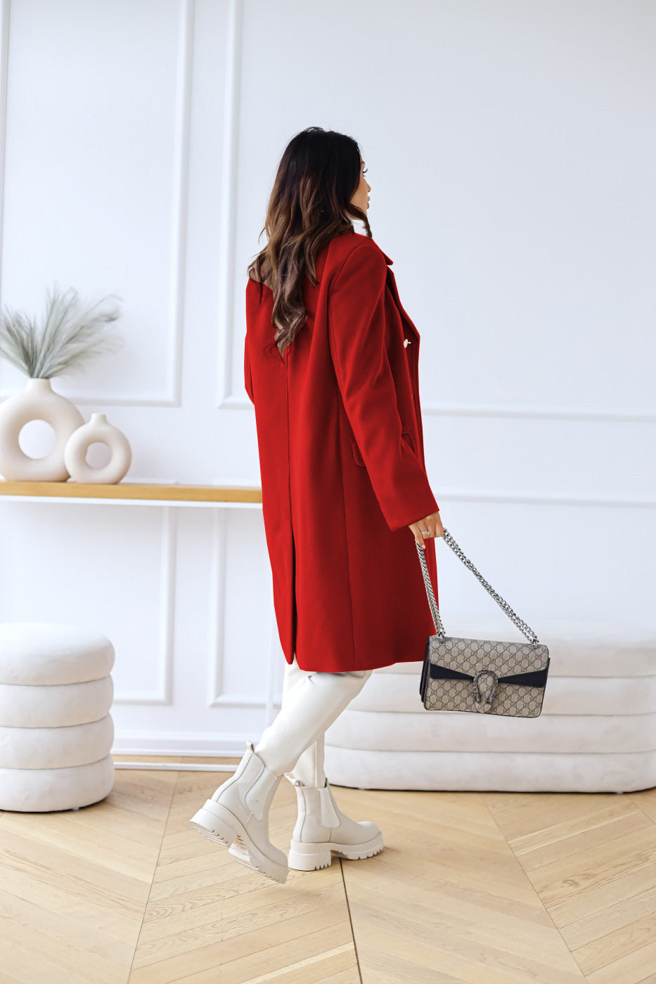 Women’s Classic Long Coat Gold Button Double-Breasted Style