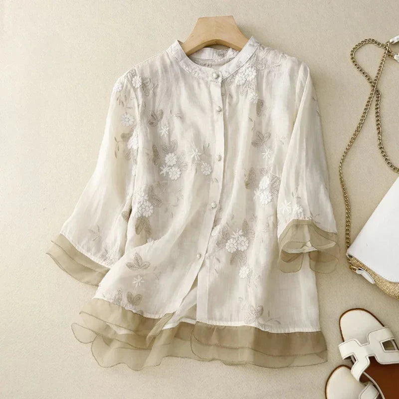 Elegantes Damenoberteil mit Stickerei, Atmungsaktive Baumwollmischbluse für Festliche Anlässe-5