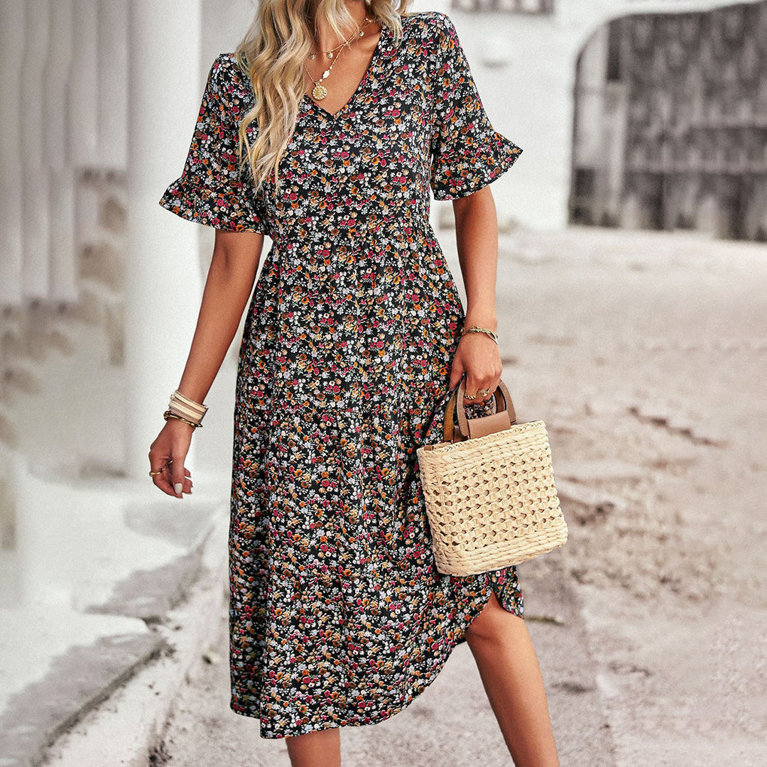 Elegantes Blumendruck Midi Kleid - Festliches Damenkleid für Hochzeitsgäste und gesellschaftliche Anlässe