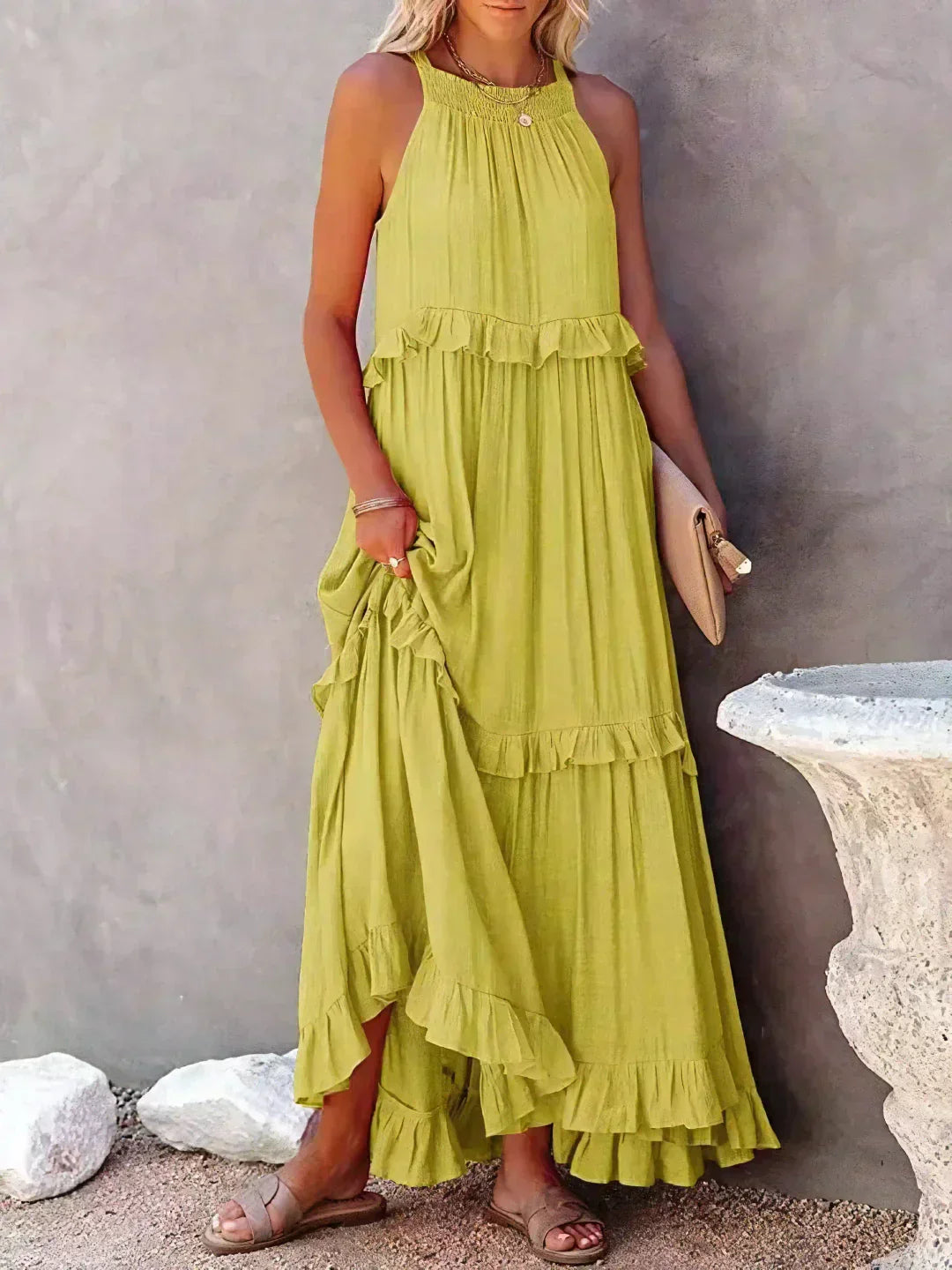 Variant image for Elegantes Rüschenblumen-Halfter-Maxikleid für Damen, Leichtes Boho Kleid Lang, Fließende Passform, Ideal für Sommer-17