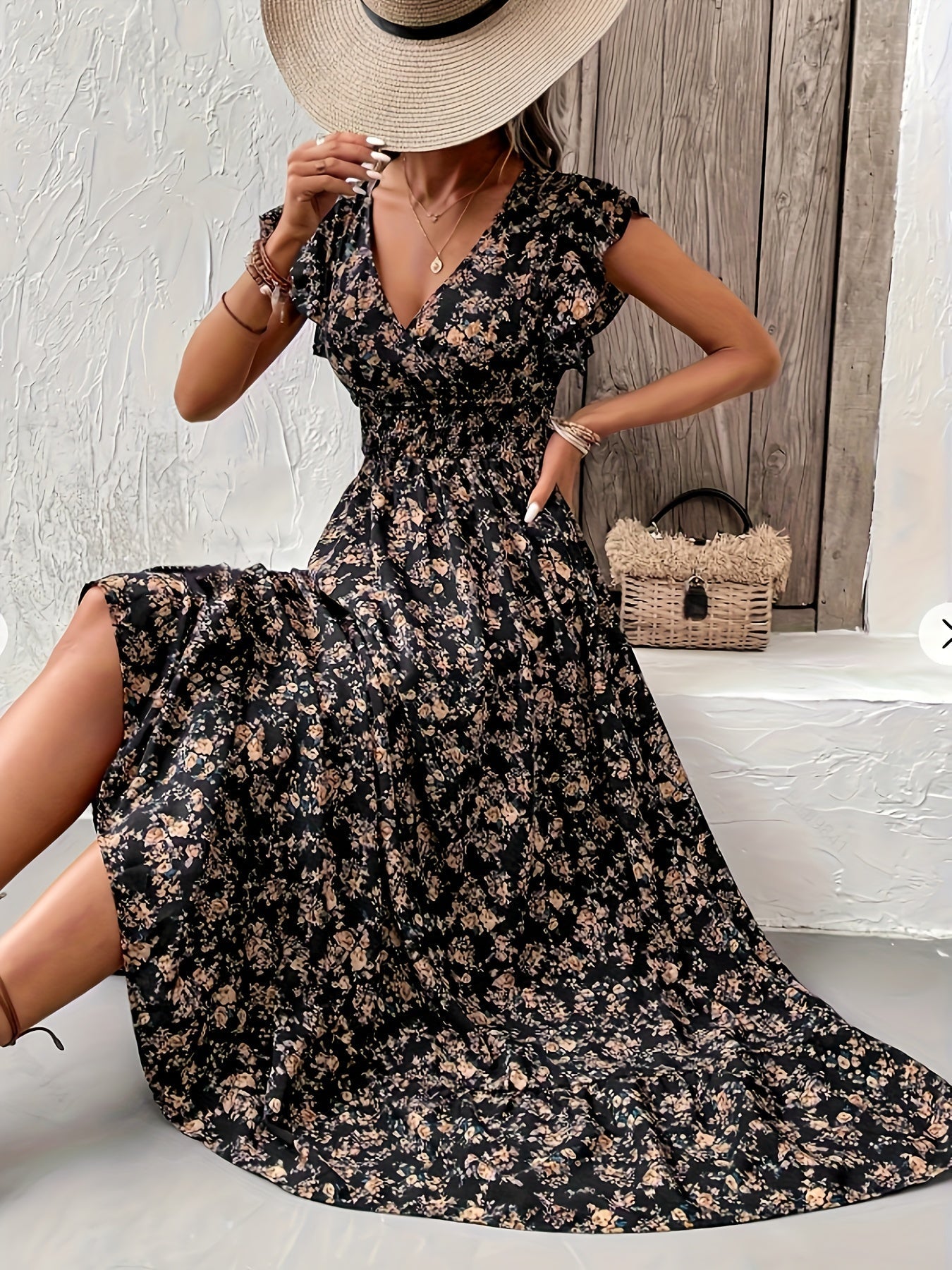 A-Linien-Kleid Damen mit Rüschenärmeln und Elastischer Taille, Leichte Festliche Kleider für Frühling