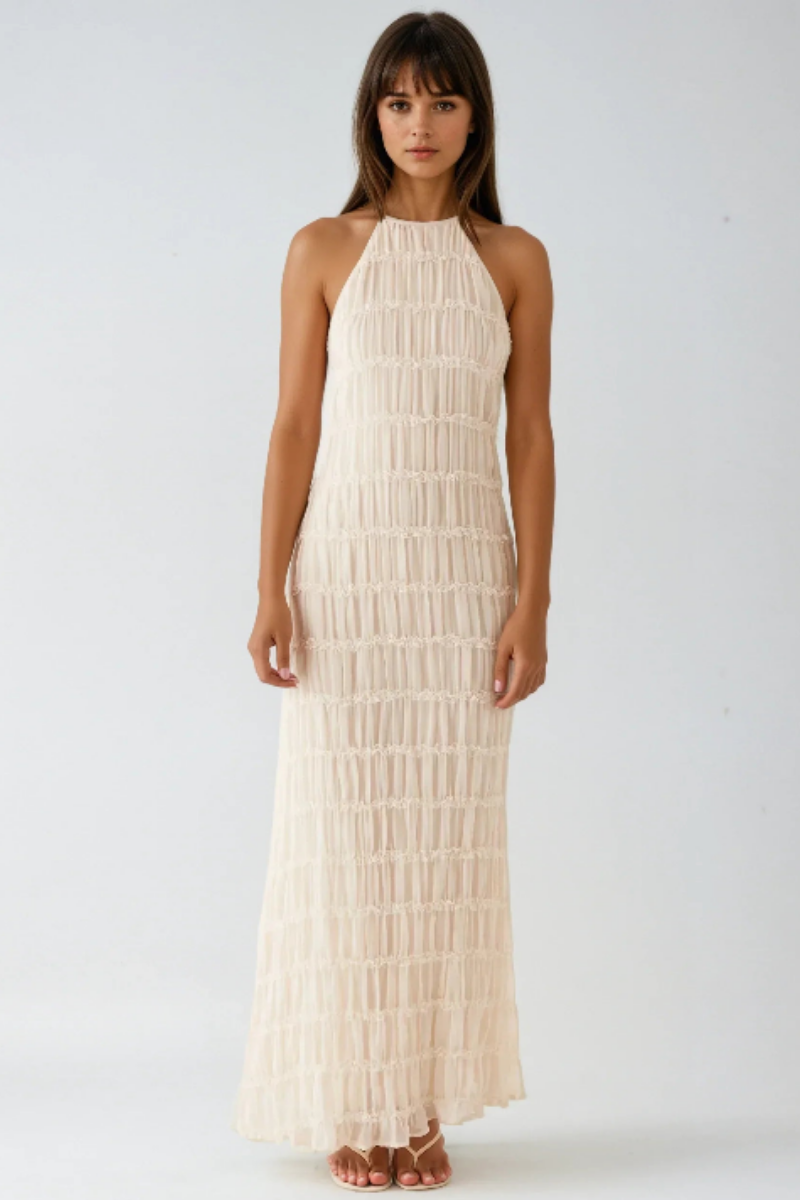 Ätherisches Halfter-Maxikleid – Elegantes Maxikleid für Damen mit Plissierten Schichten für Sommer und Festliche Anlässe