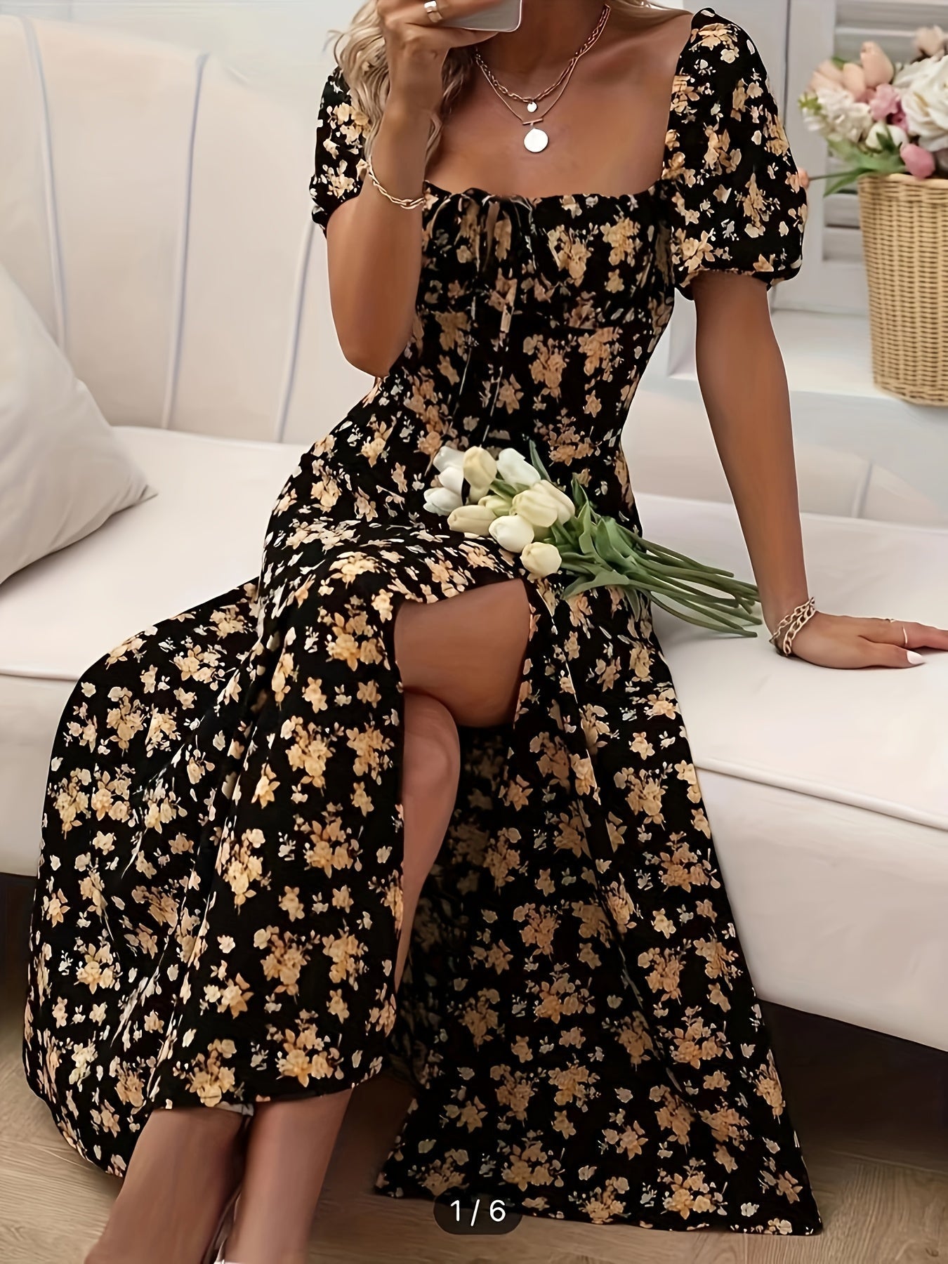 A-Linien Blumen-Sommerkleid mit Puffärmeln für Damen - Leichtes Festliches Kleid für Hochzeitsgäste
