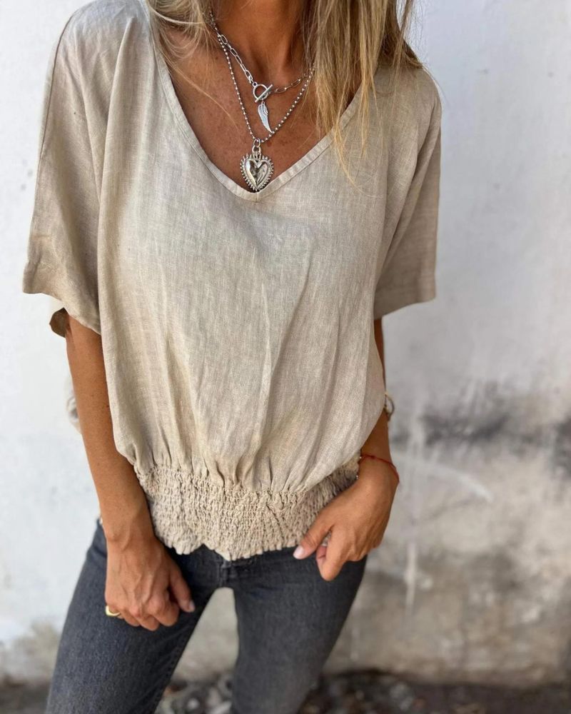 Entspanntes Damen Top aus Baumwoll-Leinen-Mischung, Fließende Bluse mit V-Ausschnitt für Lässige Sommerlooks-4