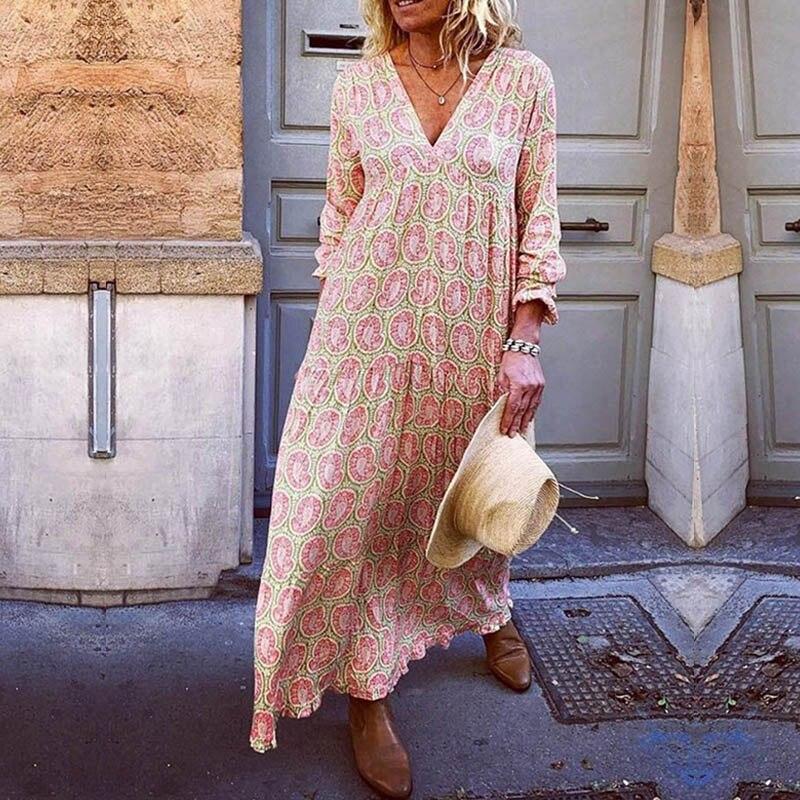 Trendiges V-Ausschnitt Damenkleid mit Auffälligen Drucken für Frühling und Sommer, Umweltfreundlicher Stoff, Bequeme Passform