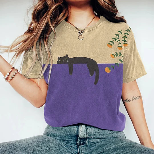 Vstylish Damen T-Shirt mit Zweifarbiger Katzengrafik aus Baumwolle für den Alltag – Lässige Oberteile Damen-2