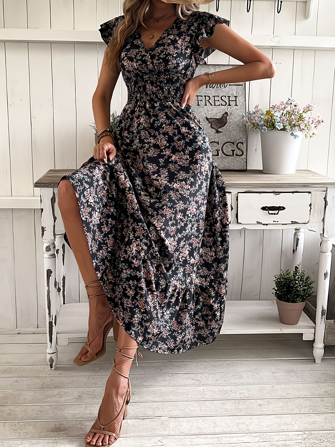 A-Linien-Kleid Damen mit Rüschenärmeln und Elastischer Taille, Leichte Festliche Kleider für Frühling