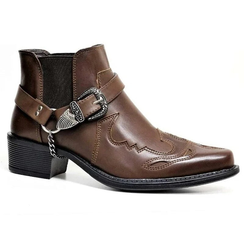 Handgefertigte Leder-Cowboystiefel Herren Mit Kettenschnalle, Langlebiger Motorradstil, Komfortable Passform-6