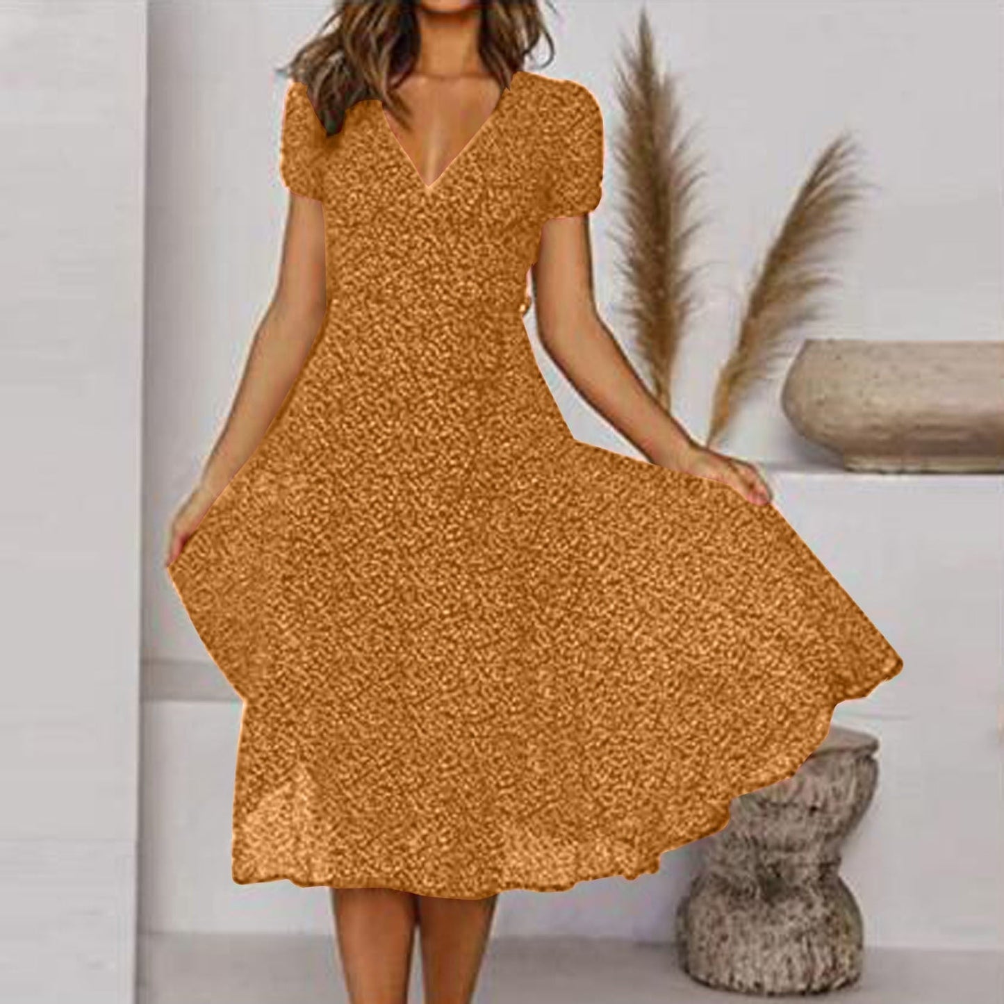 Atmungsaktives Damenkleid – V-Ausschnitt A-Linie, Leinen, für Büro und Freizeit 2