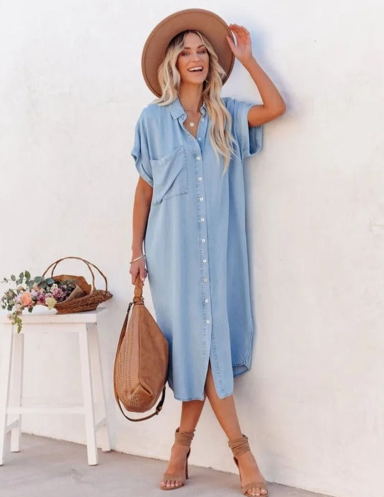 Bequemes Damen Hemdkleid aus Denim – kurzärmlig, strapazierfähig, für den Alltag 2