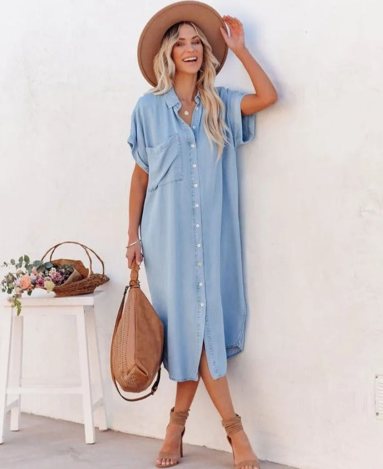 Bequemes Damen Hemdkleid aus Denim – kurzärmlig, strapazierfähig, für den Alltag 4