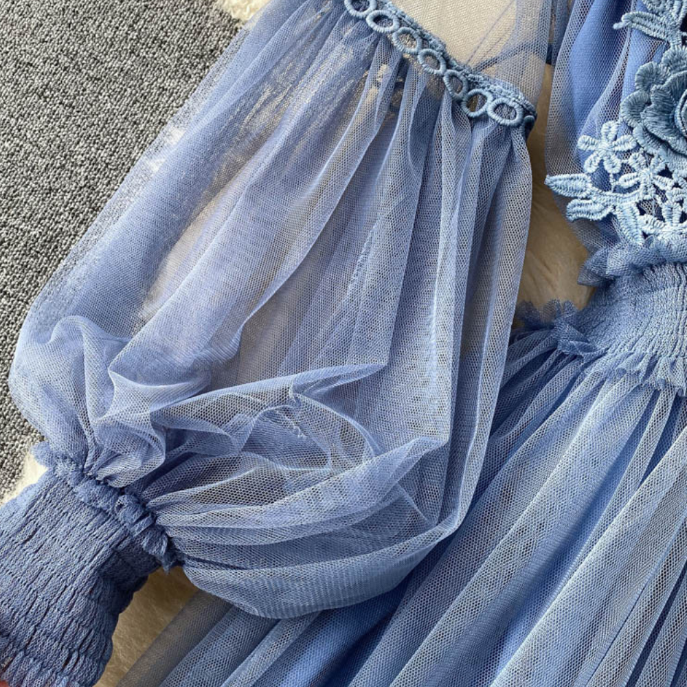 Elegantes Blumenmidi-Kleid Damen mit Laternenärmeln und aufrechtem Kragen – Ideal für Festliche Anlässe und Hochzeitsgäste
