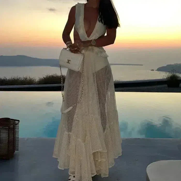 Elegantes Maxikleid für Damen aus Chiffon mit offenem Rücken und Sterndetail – Perfekt für Hochzeitsgast und festliche Anlässe