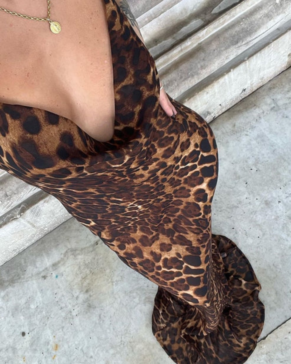 Leopardenmuster Maxikleid Sommer Damen Mit Verstellbarem Gürtel, Lange Kleider Bodycon Silhouette