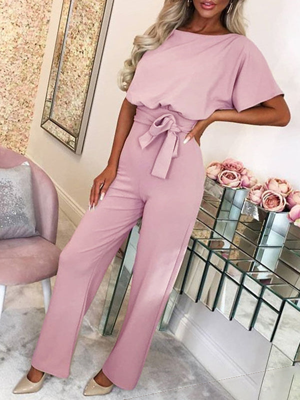 Fließender Damen Jumpsuit – kurzer Ärmel, Rüschengürtel, aus Polyester, für elegante Anlässe 14