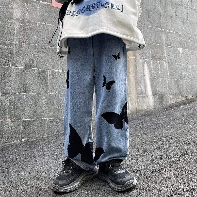 Schmetterlings-Stickerei Weitbein-Jeans Damen, Mittlere Taille, Bequeme Passform, Auffälliges Design-4