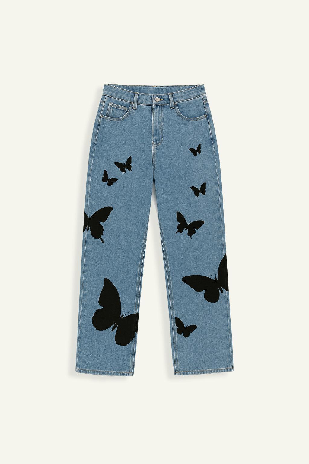 Schmetterlings-Stickerei Weitbein-Jeans Damen, Mittlere Taille, Bequeme Passform, Auffälliges Design-2