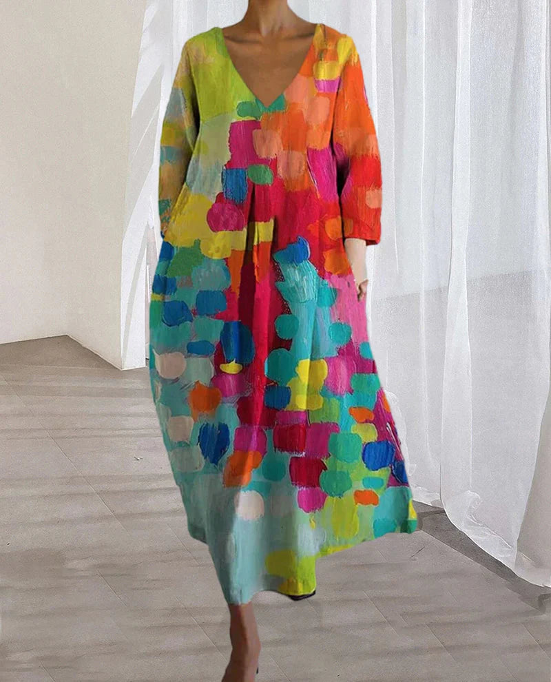 Lebhaftes Damenkleid mit V-Ausschnitt – fließendes Design, Baumwolle, für besondere Anlässe 1