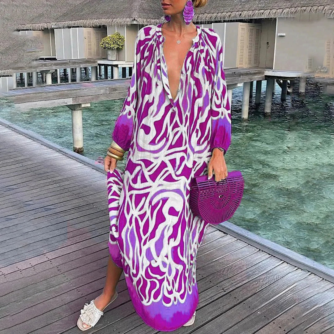 Leichtes und fließendes Damen Boho Kleid – langärmlig, atmungsaktives Polyester, für Strand und Freizeit 2