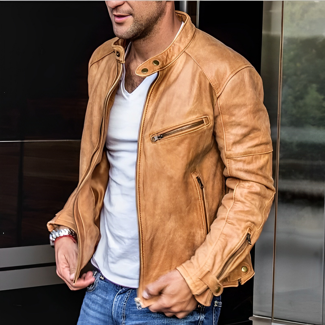 Modern Men’s Biker Jacket Stand-up Collar & Functional Zip Pockets