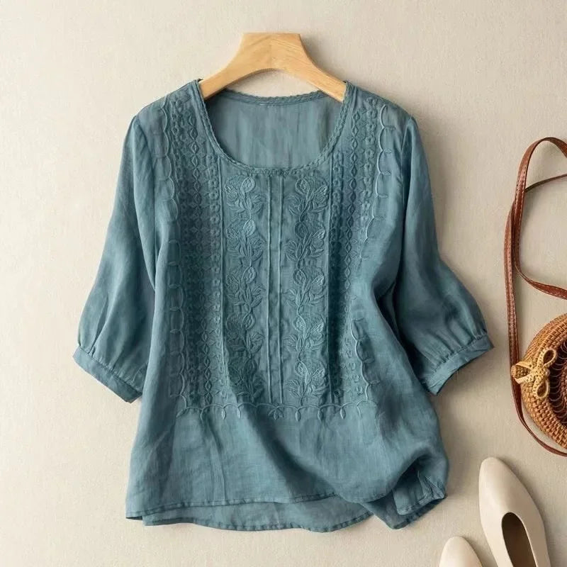 Elegante Gestickte Frauenbluse, Langärmlige Plus-Size-Tops Mit Schmeichelhafter Passform-3