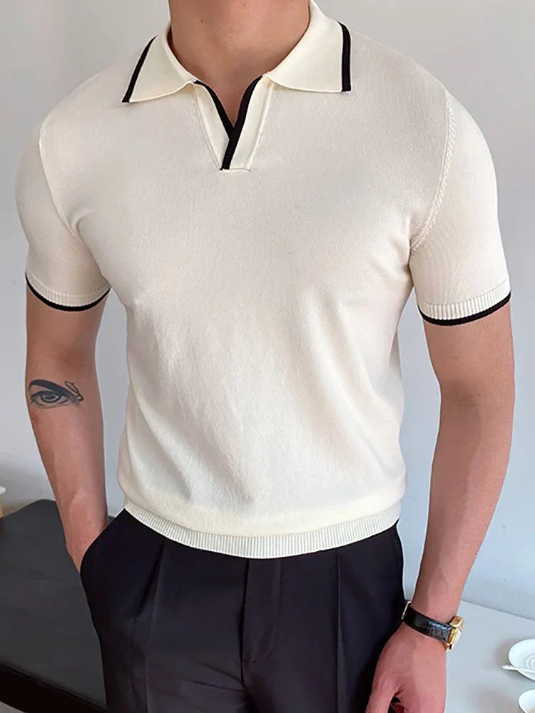 Modernes Baumwoll-Polohemd Herren, Kurzarm, Atmungsaktiver Stoff, Patchwork-Design-4