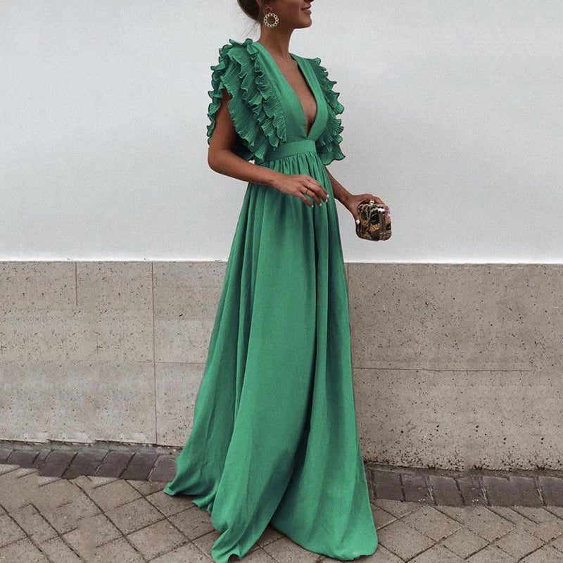 Elegantes V-Ausschnitt Damenkleid Aus Weichem Acrylstoff, Lockeres Festliches Kleid Für Formelle Und Lässige Anlässe