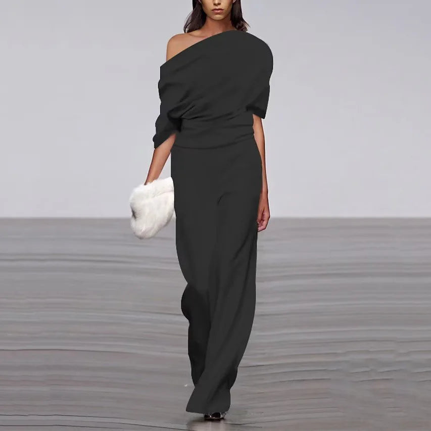 Chic Draped Off-Shoulder Jumpsuit Modern Wide-Leg Elegance