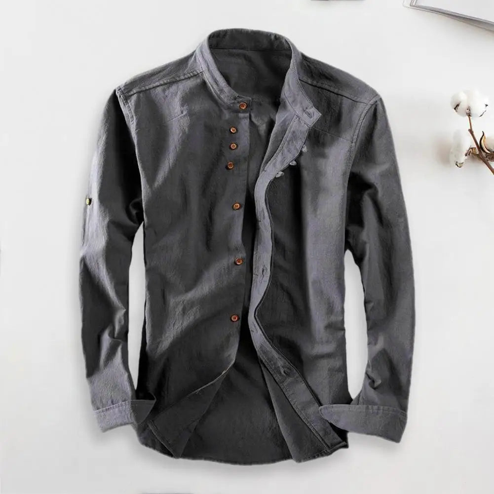 Herren Hemd Langarm Einfarbig Vintage Slim Fit mit Stehkragen und Knöpfen - Herrenhemden Langarm für Jede Gelegenheit