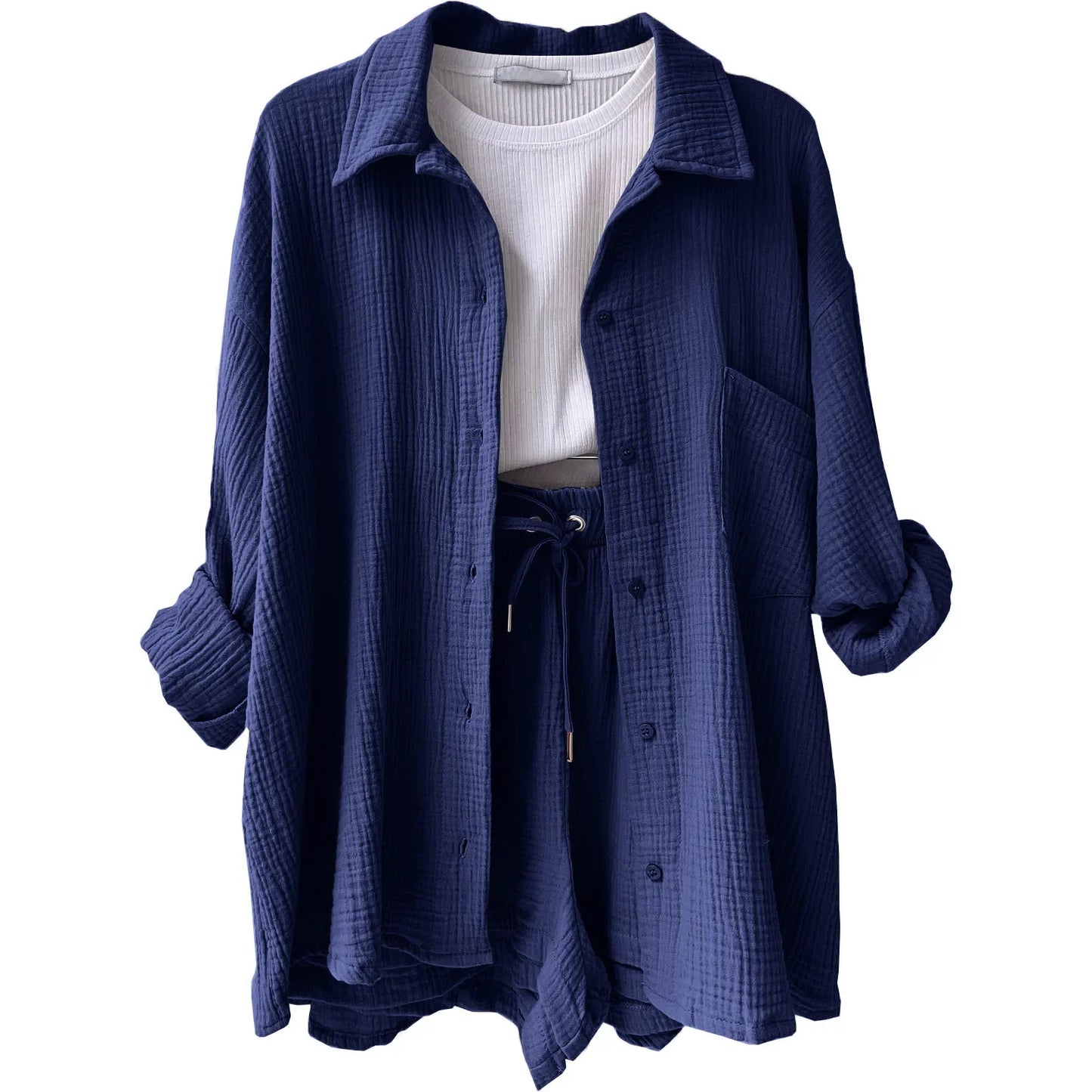 Variant image for Zweiteiliger Modeanzug für Frauen mit Falten-Revers-Hemd und hoch taillierten Shorts, stilvoll und bequem für jeden Anlass-36