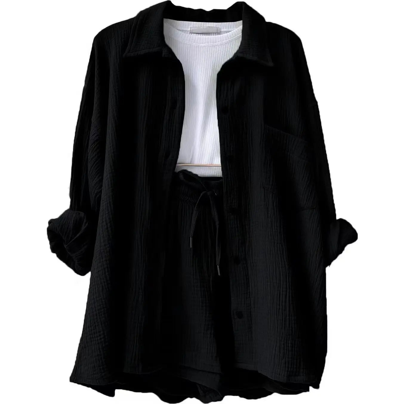 Variant image for Zweiteiliger Modeanzug für Frauen mit Falten-Revers-Hemd und hoch taillierten Shorts, stilvoll und bequem für jeden Anlass-6
