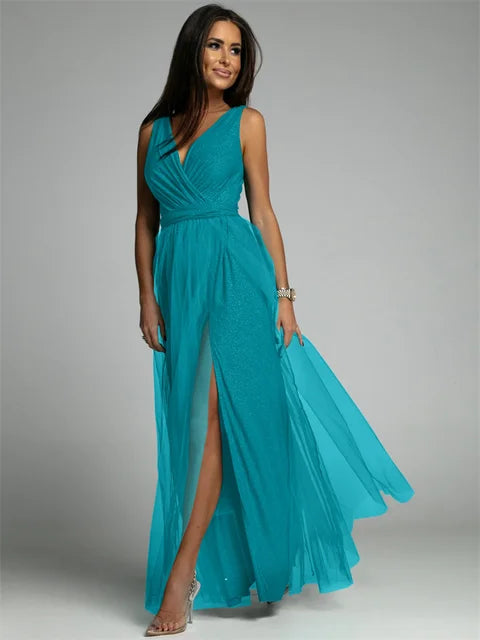 Elegantes Ärmelloses Cocktailkleid Mit V-Ausschnitt Und Schlitzsaum, Plus Größe, Ideal Für Hochzeiten Als Gast