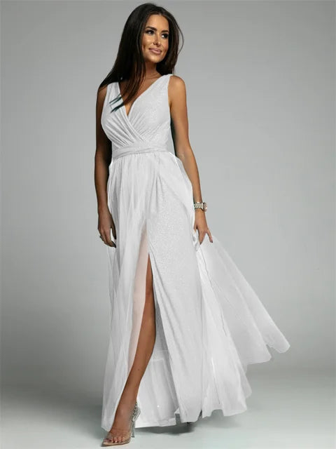 Elegantes Ärmelloses Cocktailkleid Mit V-Ausschnitt Und Schlitzsaum, Plus Größe, Ideal Für Hochzeiten Als Gast
