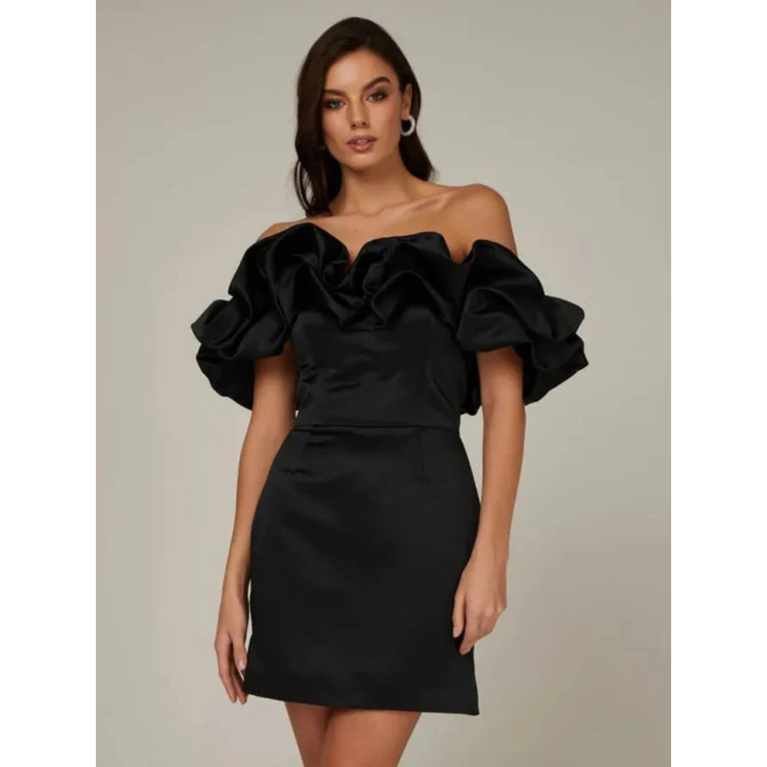 Variant image for Elegantes Off-Shoulder Damenkleid mit Faltendetails – Vielseitiges Festliches Kleid in Schwarz für Hochzeitsgast und Cocktailanlässe-10