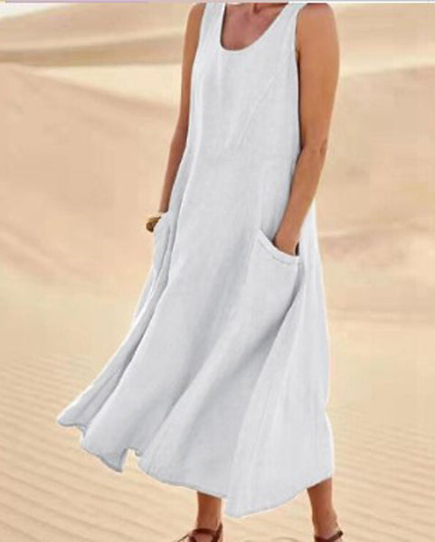 Damen Sommerkleid Mit Taschen, Lässiges Kniehohes Baumwollkleid Für Täglichen Komfort Und Stil