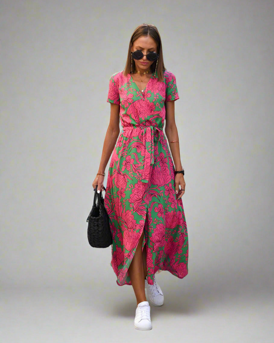 Elegantes A-Linien-Damenkleid Mit V-Ausschnitt Und Blumenmuster Für Festliche Anlässe Und Sommer