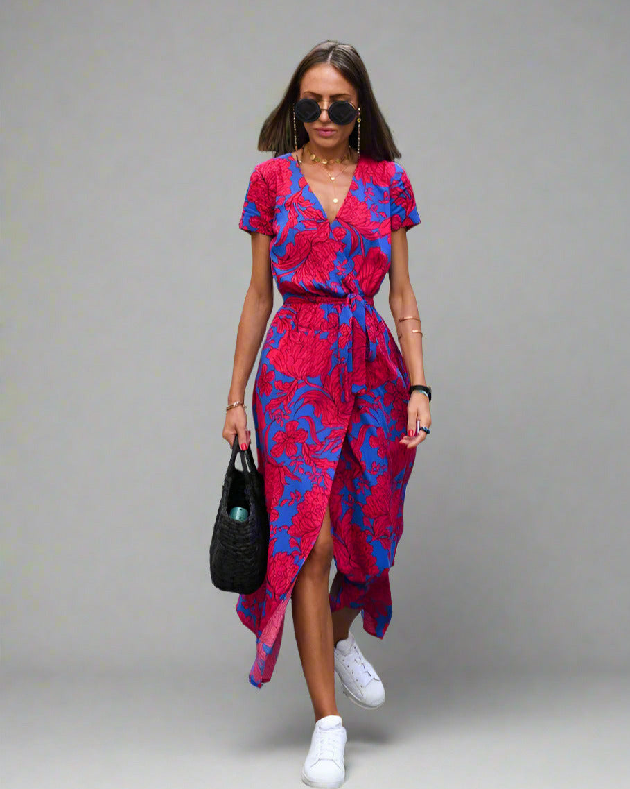 Elegantes A-Linien-Damenkleid Mit V-Ausschnitt Und Blumenmuster Für Festliche Anlässe Und Sommer