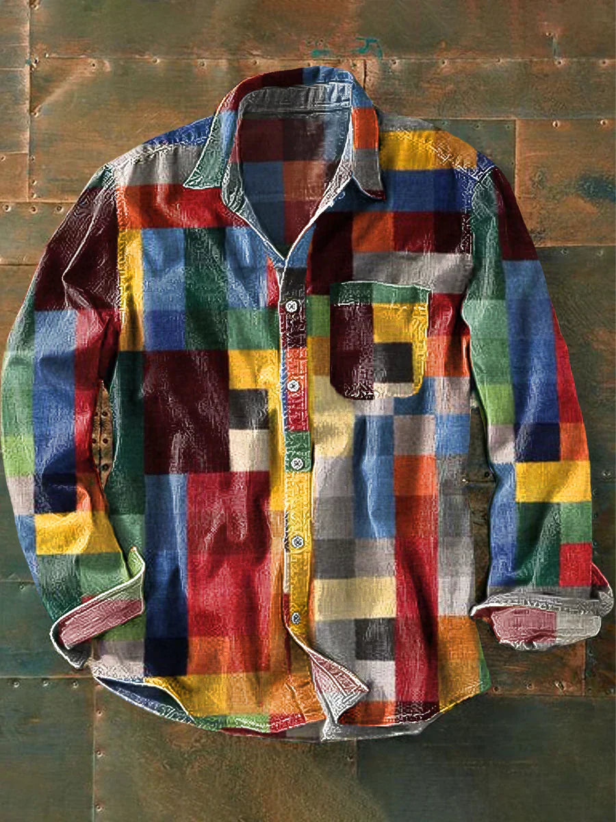 Unisex Vintage Kariertes Hemd im Regenbogenmuster, Leichte Baumwollmischung mit Klassischem Kragen und Praktischen Taschen