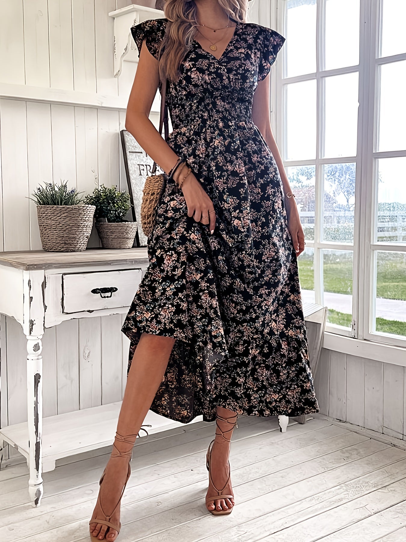 A-Linien-Kleid Damen mit Rüschenärmeln und Elastischer Taille, Leichte Festliche Kleider für Frühling