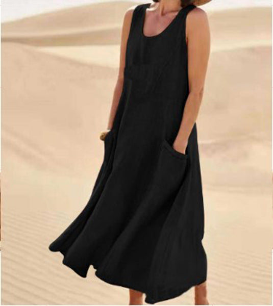 Damen Sommerkleid Mit Taschen, Lässiges Kniehohes Baumwollkleid Für Täglichen Komfort Und Stil