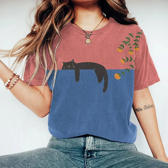 Vstylish Damen T-Shirt mit Zweifarbiger Katzengrafik aus Baumwolle für den Alltag – Lässige Oberteile Damen-5