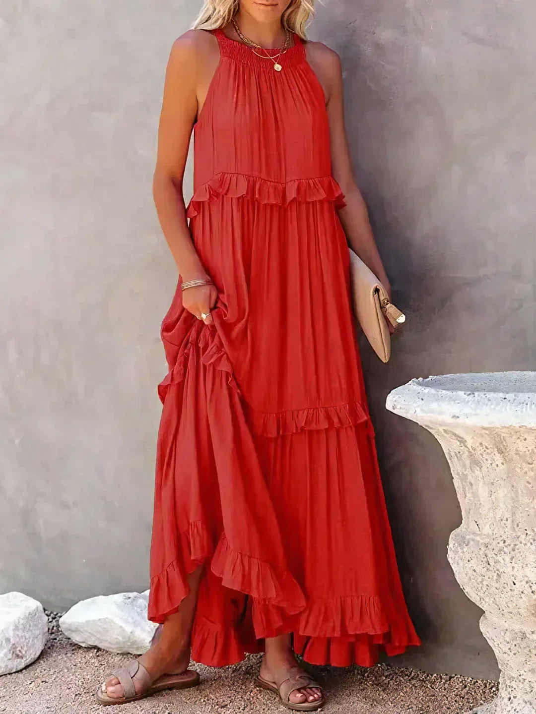 Variant image for Elegantes Rüschenblumen-Halfter-Maxikleid für Damen, Leichtes Boho Kleid Lang, Fließende Passform, Ideal für Sommer-13