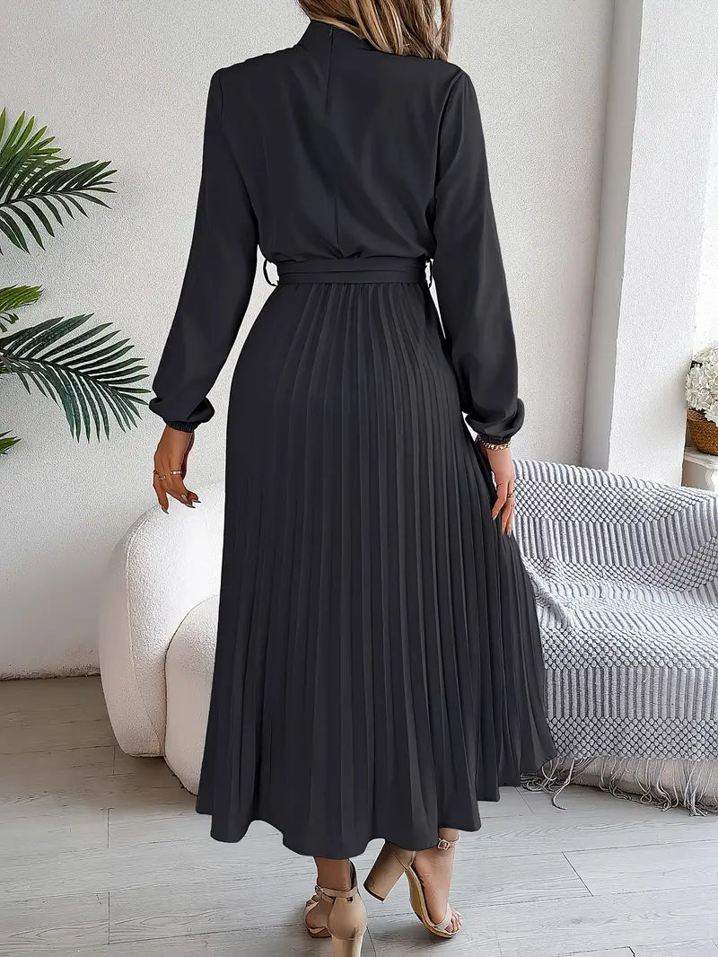 Women's Flattering Pleated Midi Dress with Belt