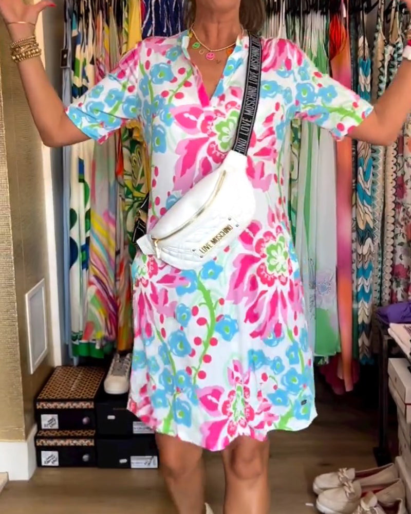 Blumen MIDI-Kleid Damen, Kurzarm V-Ausschnitt Sommerkleid aus weicher Baumwollmischung, lässig und urlaubsbereit