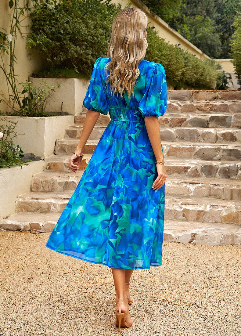 Damen Sommermidi-Kleid Mit Puffärmeln Und Blumendruck – Elegantes Festliches Kleid Für Hochzeitsgäste Und Sommerveranstaltungen