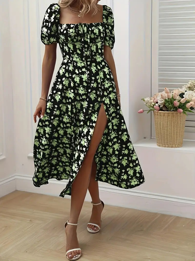Variant image for A-Linien Blumen-Sommerkleid mit Puffärmeln für Damen - Leichtes Festliches Kleid für Hochzeitsgäste-6